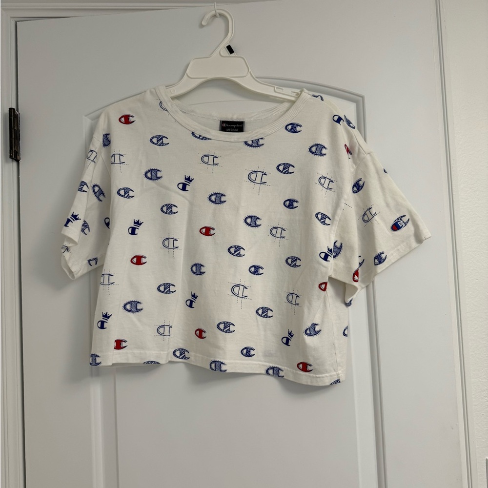 Champion White Tee with Blue and Red Logo Pattern